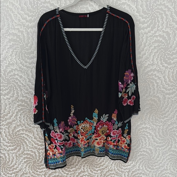 Johnny Was Tops - Johnny Was Black Tunic with Colorful Floral Embroidery